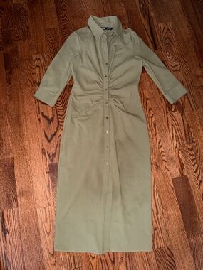 Zara Olive Green Button-Front Maxi Shirt Dress